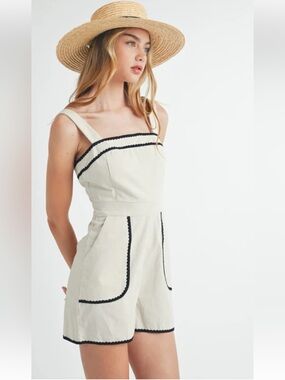 MARBLE By Anthropology Cream Linen Romper with Black Stitch Detail